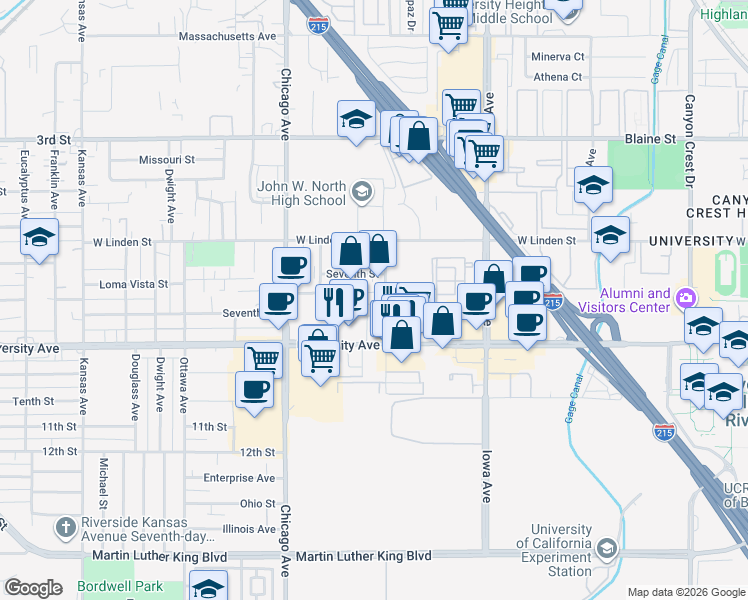 map of restaurants, bars, coffee shops, grocery stores, and more near 3681 Cranford Avenue in Riverside