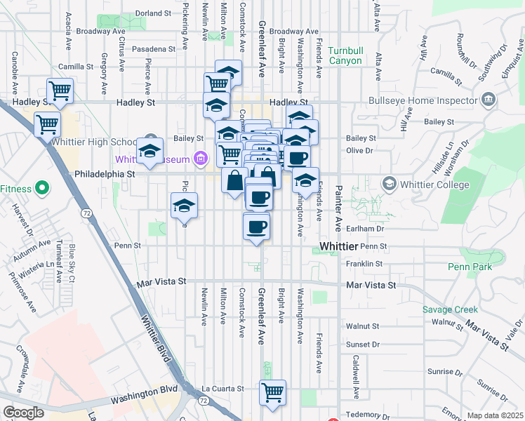map of restaurants, bars, coffee shops, grocery stores, and more near Greenleaf Ave & Wardman St in Whittier