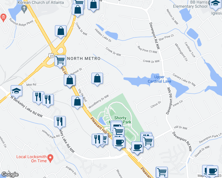 map of restaurants, bars, coffee shops, grocery stores, and more near 2854 Woodstar Court Northwest in Duluth
