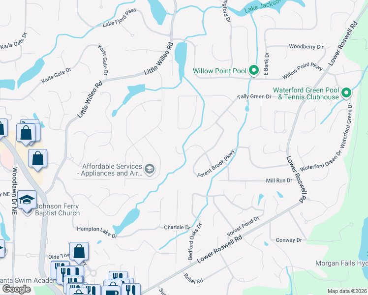 map of restaurants, bars, coffee shops, grocery stores, and more near 1170 Forest Brook Court in Marietta
