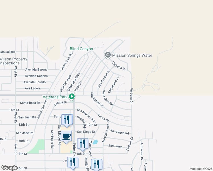 map of restaurants, bars, coffee shops, grocery stores, and more near 67425 Two Bunch Palms Trail in Desert Hot Springs