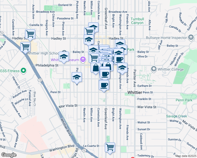 map of restaurants, bars, coffee shops, grocery stores, and more near Comstock Avenue in Whittier