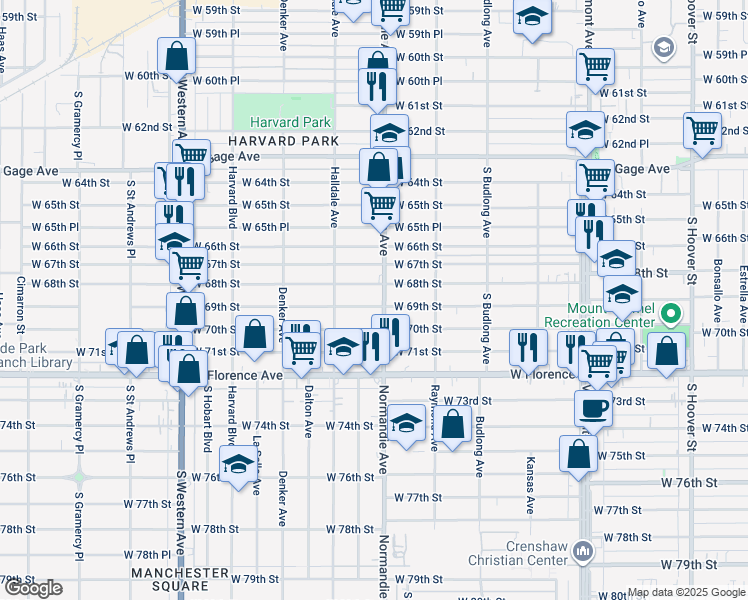 map of restaurants, bars, coffee shops, grocery stores, and more near 1411 West 69th Street in Los Angeles