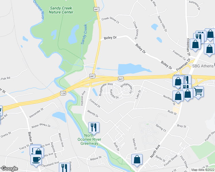 map of restaurants, bars, coffee shops, grocery stores, and more near 107 Fern Ridge Court in Athens