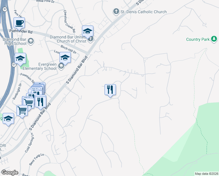map of restaurants, bars, coffee shops, grocery stores, and more near 22138 Rim Fire Lane in Diamond Bar