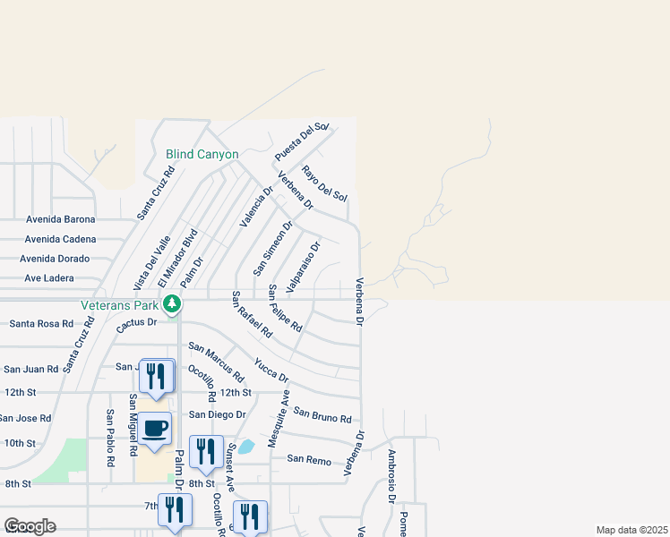 map of restaurants, bars, coffee shops, grocery stores, and more near 9830 Mesquite Avenue in Desert Hot Springs