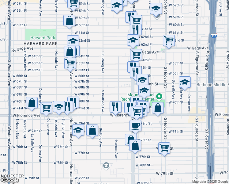 map of restaurants, bars, coffee shops, grocery stores, and more near 1123 West 68th Street in Los Angeles