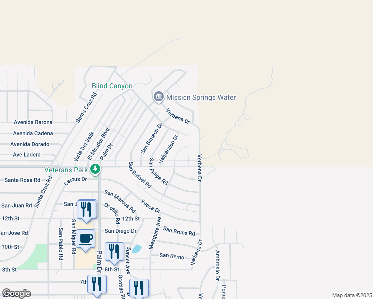 map of restaurants, bars, coffee shops, grocery stores, and more near 9830 Mesquite Avenue in Desert Hot Springs