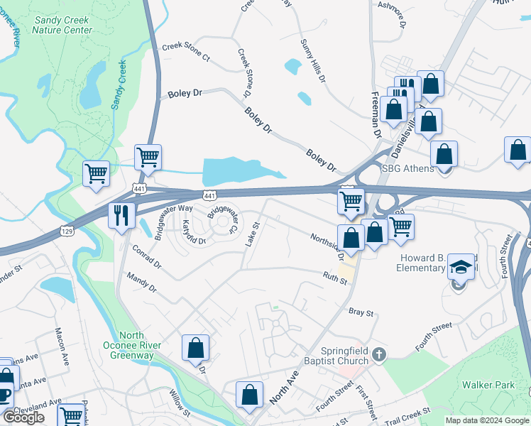 map of restaurants, bars, coffee shops, grocery stores, and more near 310 Northside Drive in Athens