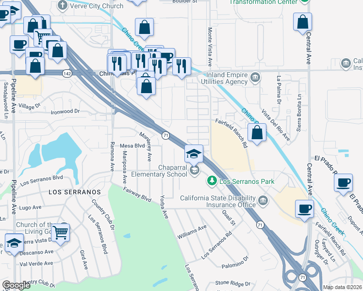 map of restaurants, bars, coffee shops, grocery stores, and more near Chino Valley Freeway in Chino Hills