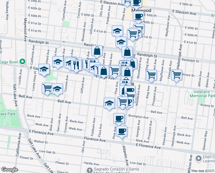 map of restaurants, bars, coffee shops, grocery stores, and more near 4320 Gage Avenue in Bell