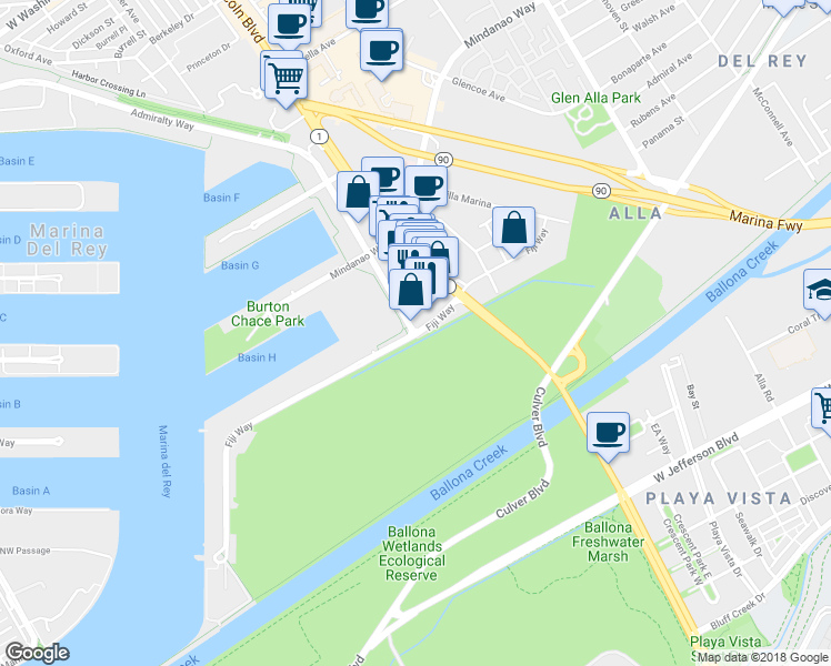map of restaurants, bars, coffee shops, grocery stores, and more near Admiralty Way & Fiji Way in Marina del Rey