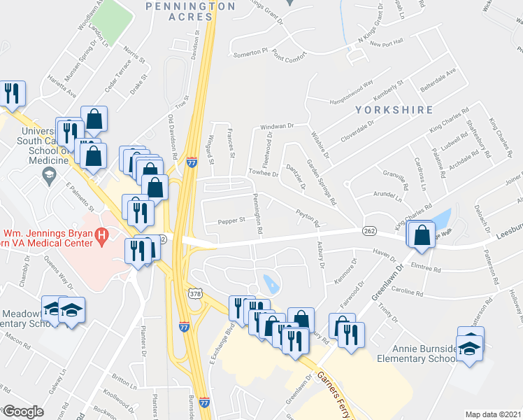 map of restaurants, bars, coffee shops, grocery stores, and more near 66 Garner Springs Court in Columbia