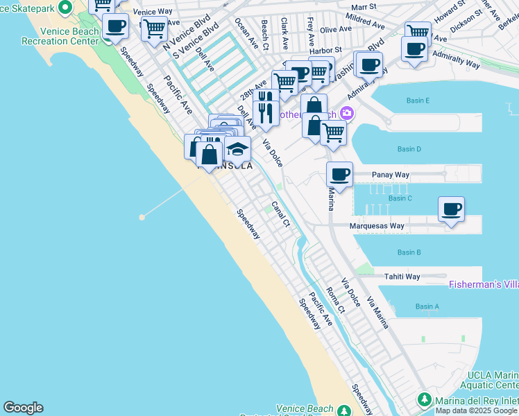 map of restaurants, bars, coffee shops, grocery stores, and more near 3512 Pacific Avenue in Marina del Rey