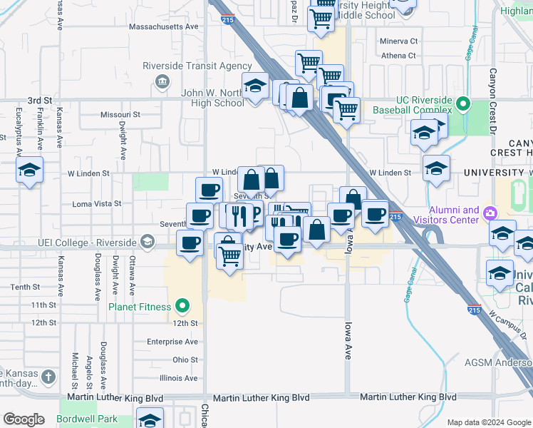 map of restaurants, bars, coffee shops, grocery stores, and more near 3681 Cranford Avenue in Riverside