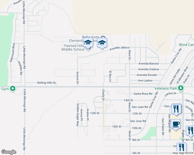 map of restaurants, bars, coffee shops, grocery stores, and more near 9766 Avenue Delores in Desert Hot Springs