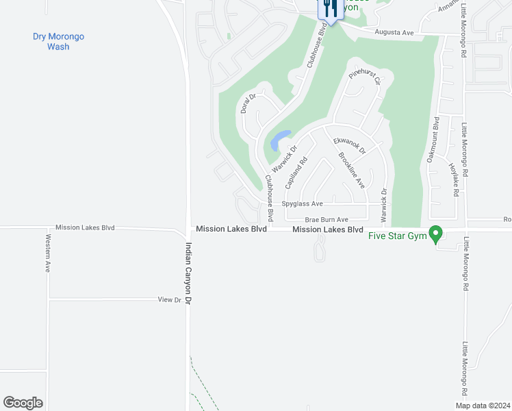 map of restaurants, bars, coffee shops, grocery stores, and more near 9668 Spyglass Avenue in Desert Hot Springs