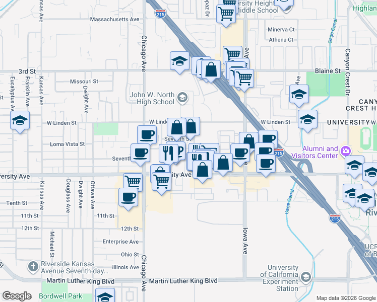 map of restaurants, bars, coffee shops, grocery stores, and more near 1516 Seventh Street in Riverside