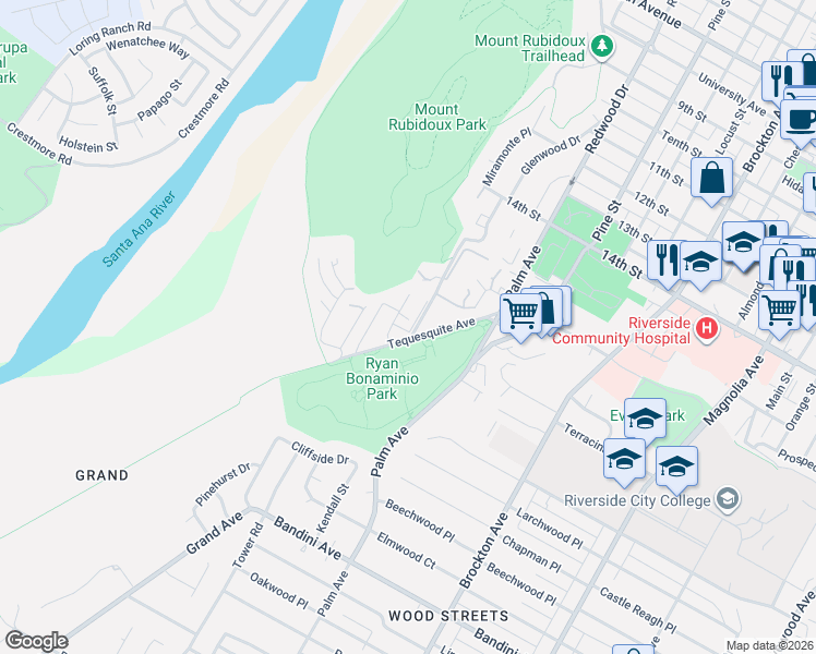 map of restaurants, bars, coffee shops, grocery stores, and more near 4671 Knickerbocker Lane in Riverside
