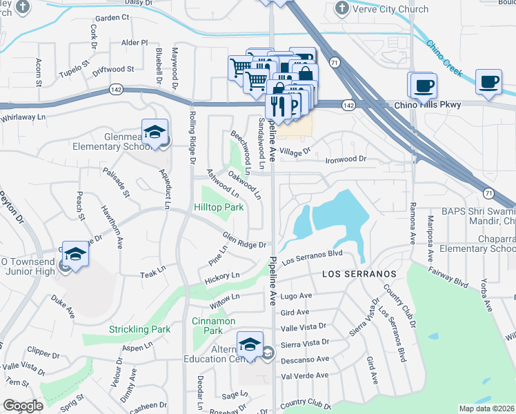 map of restaurants, bars, coffee shops, grocery stores, and more near 4071 Fir Court in Chino Hills