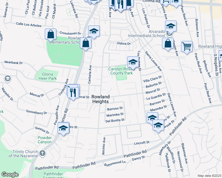 map of restaurants, bars, coffee shops, grocery stores, and more near 18418 Villa Clara Street in Rowland Heights