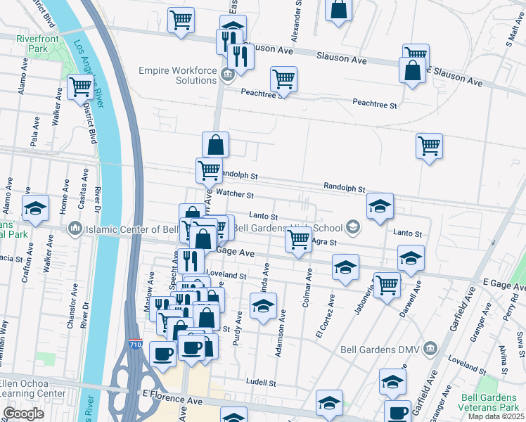 map of restaurants, bars, coffee shops, grocery stores, and more near 5877 Watcher Street in Bell Gardens