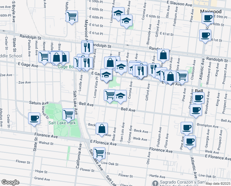 map of restaurants, bars, coffee shops, grocery stores, and more near 6515 Bear Avenue in Bell