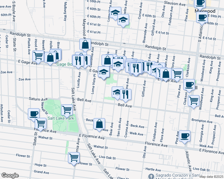 map of restaurants, bars, coffee shops, grocery stores, and more near 6515 Bear Avenue in Bell
