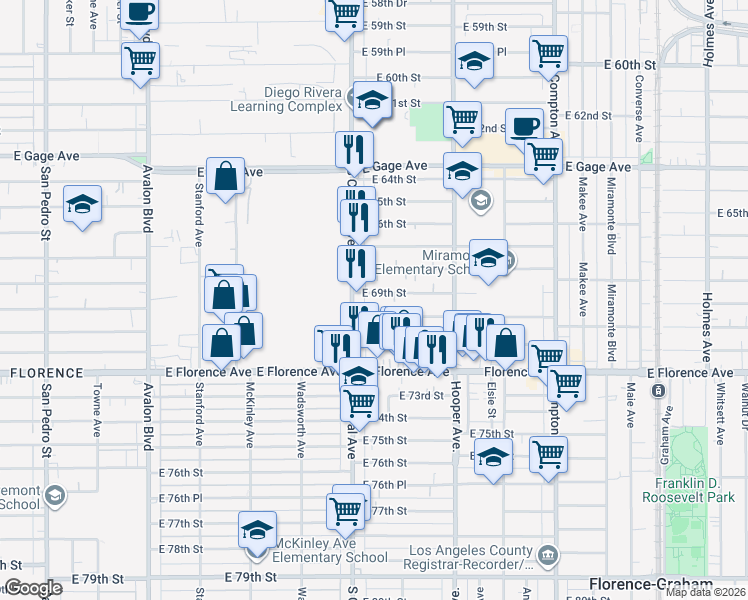map of restaurants, bars, coffee shops, grocery stores, and more near 6900 South Central Avenue in Los Angeles