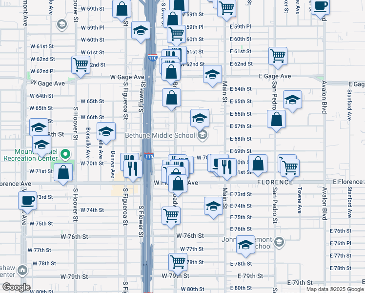 map of restaurants, bars, coffee shops, grocery stores, and more near 6809 1/4 South Broadway in Los Angeles