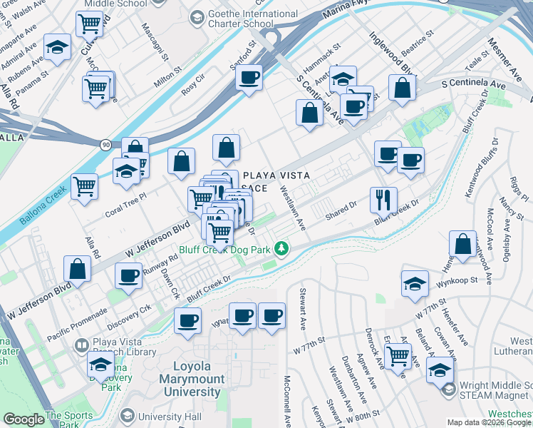 map of restaurants, bars, coffee shops, grocery stores, and more near 12665 Village Lane in Los Angeles