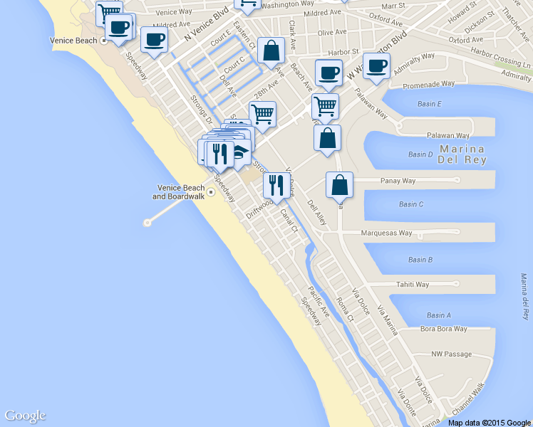 map of restaurants, bars, coffee shops, grocery stores, and more near 3400 Pacific Avenue in Marina del Rey