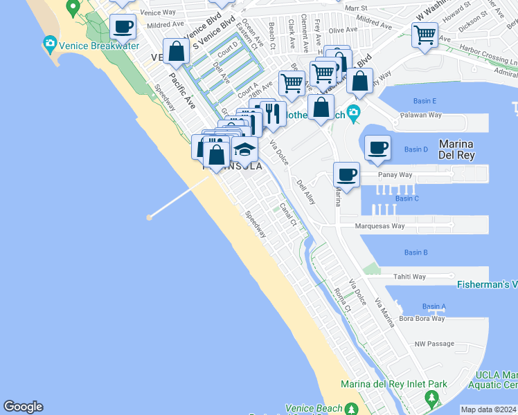 map of restaurants, bars, coffee shops, grocery stores, and more near 3400 Pacific Avenue in Marina del Rey