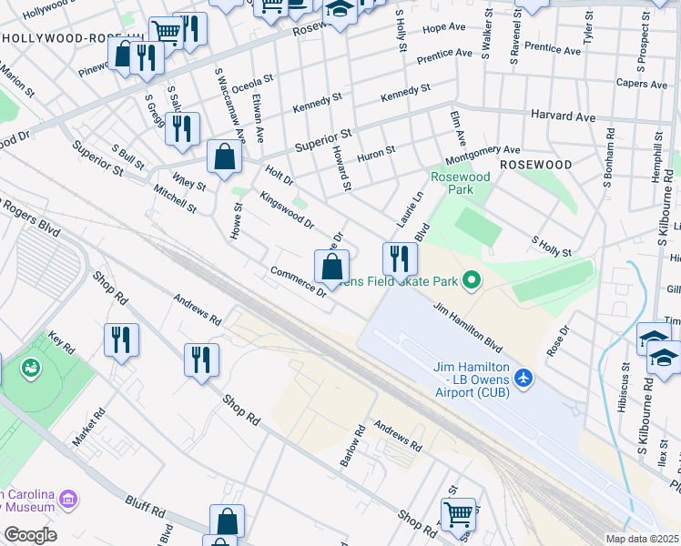 map of restaurants, bars, coffee shops, grocery stores, and more near 44 Kingsgate Drive in Columbia