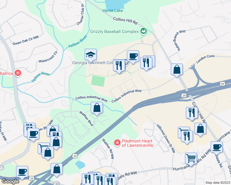 map of restaurants, bars, coffee shops, grocery stores, and more near 220 Collins Industrial Way in Lawrenceville