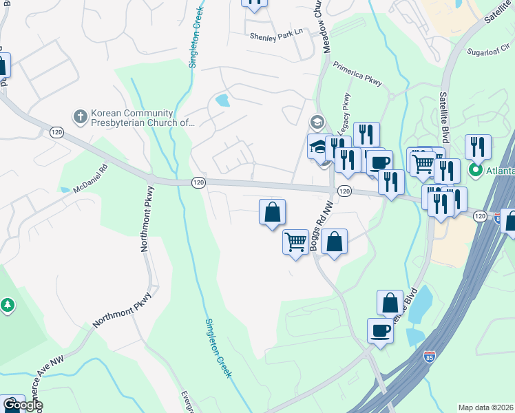 map of restaurants, bars, coffee shops, grocery stores, and more near 2567 Staunton Lane in Duluth