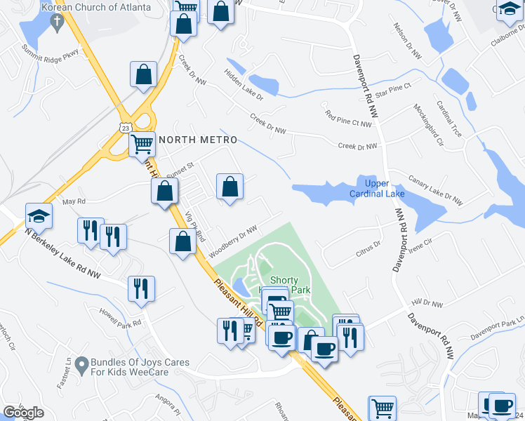 map of restaurants, bars, coffee shops, grocery stores, and more near 2854 Woodstar Court Northwest in Duluth