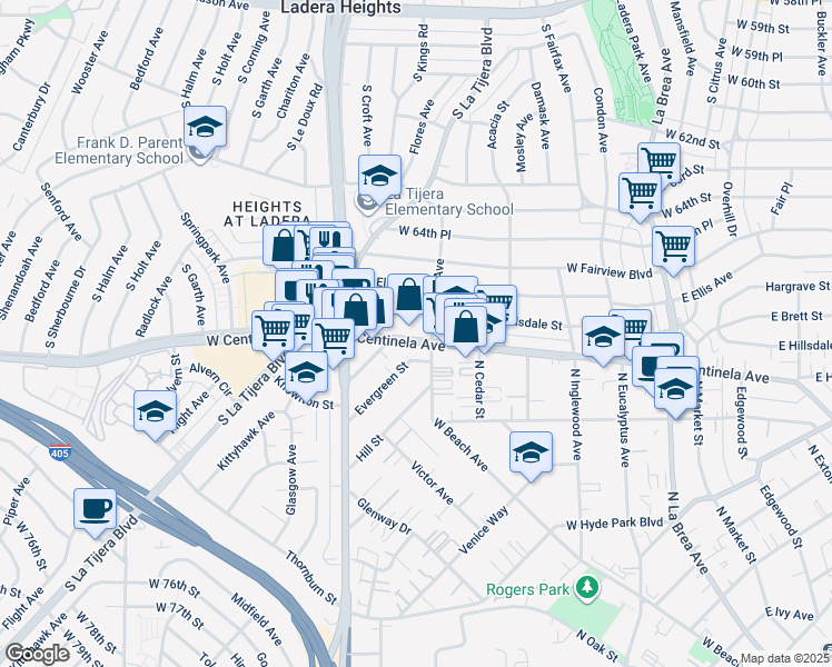 map of restaurants, bars, coffee shops, grocery stores, and more near 528 West Hillsdale Street in Inglewood