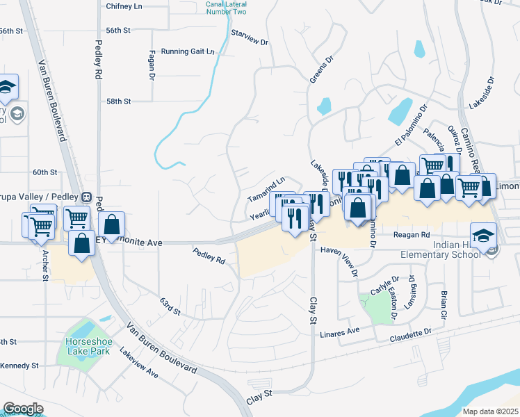 map of restaurants, bars, coffee shops, grocery stores, and more near 8333 Yearling Way in Riverside