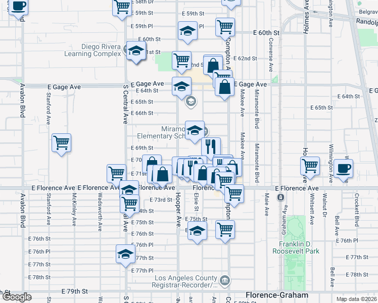 map of restaurants, bars, coffee shops, grocery stores, and more near 1326 East 68th Street in Los Angeles
