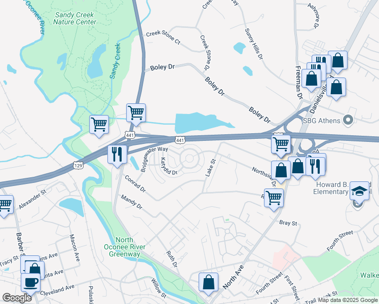 map of restaurants, bars, coffee shops, grocery stores, and more near 137 Bridgewater Circle in Athens