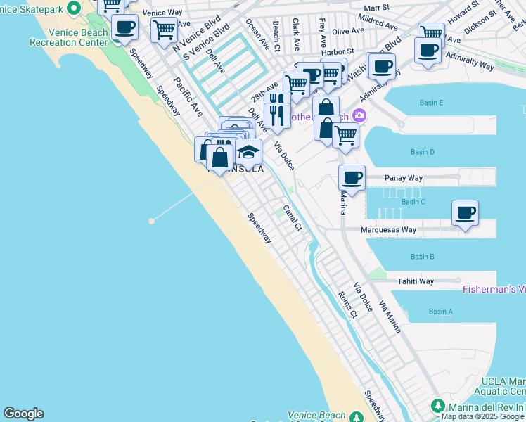 map of restaurants, bars, coffee shops, grocery stores, and more near 3400 Pacific Avenue in Marina del Rey