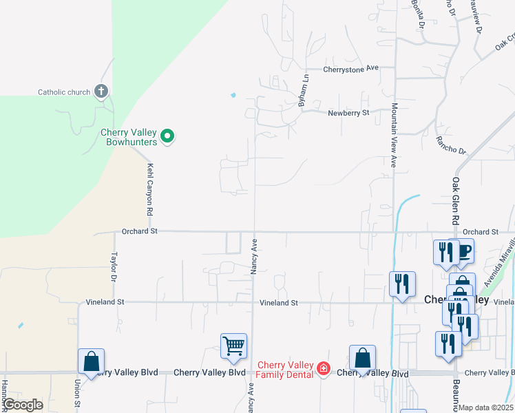 map of restaurants, bars, coffee shops, grocery stores, and more near 9870 Nancy Avenue in Cherry Valley