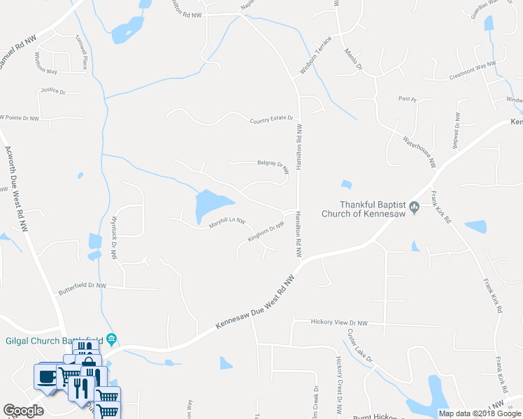 map of restaurants, bars, coffee shops, grocery stores, and more near 939 Kinghorn Drive Northwest in Kennesaw
