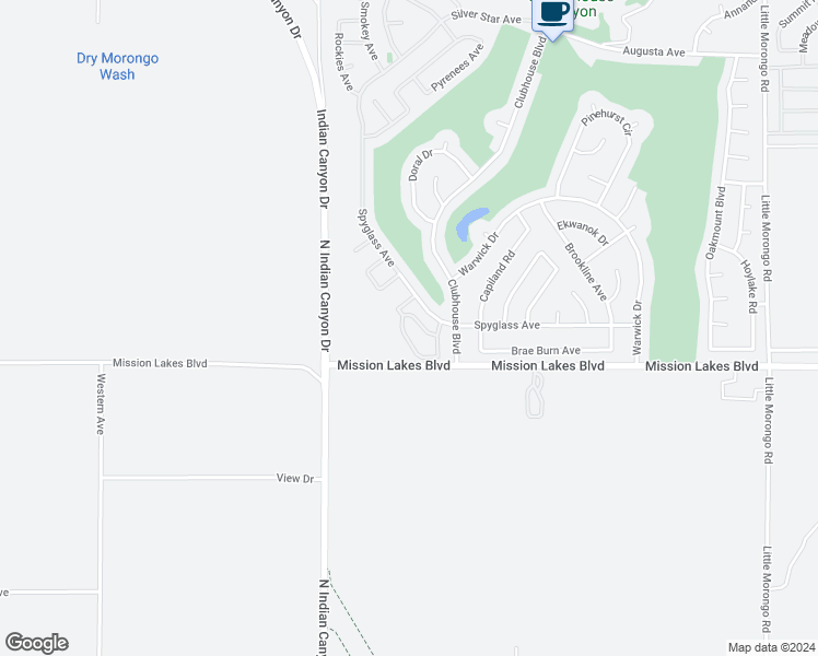 map of restaurants, bars, coffee shops, grocery stores, and more near 9645 Spyglass Avenue in Desert Hot Springs