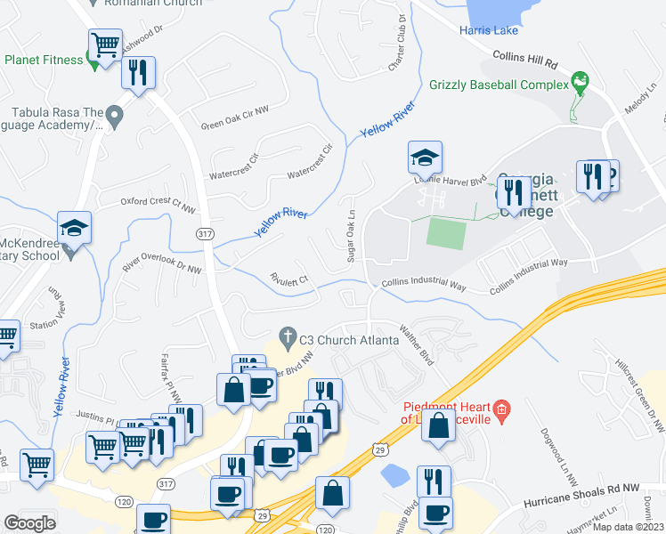 map of restaurants, bars, coffee shops, grocery stores, and more near 812 Sugar Oak Lane in Lawrenceville
