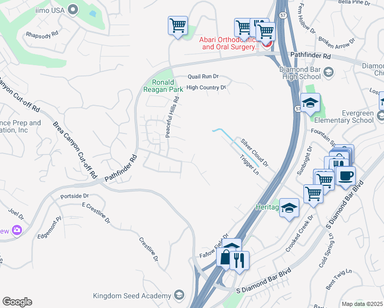 map of restaurants, bars, coffee shops, grocery stores, and more near 2707 Rockridge Lane in Diamond Bar