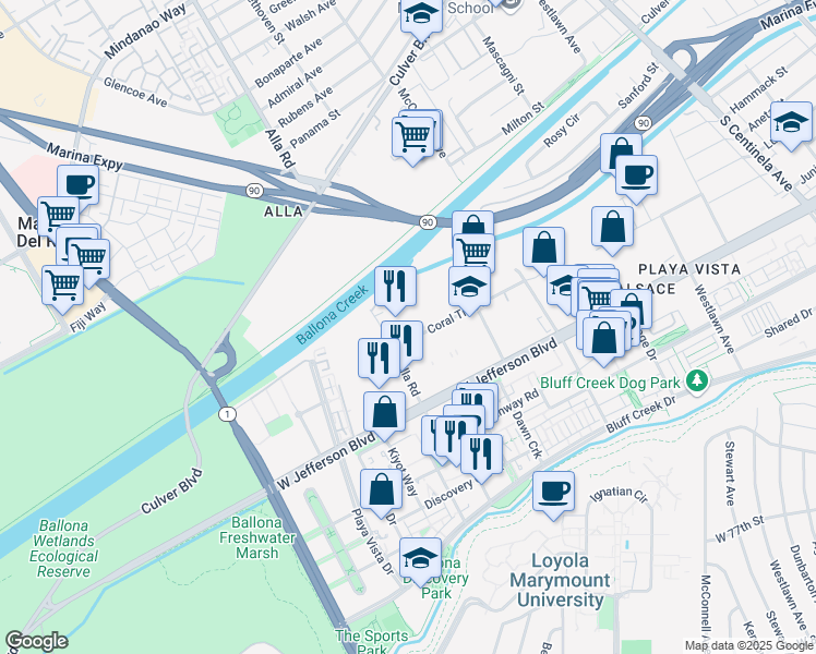 map of restaurants, bars, coffee shops, grocery stores, and more near 5340 Alla Road in Los Angeles
