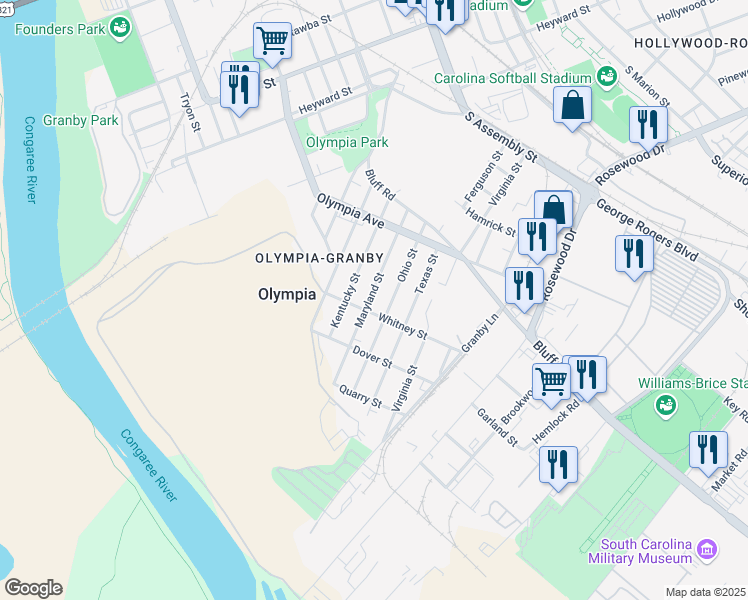 map of restaurants, bars, coffee shops, grocery stores, and more near 736 Maryland Street in Columbia