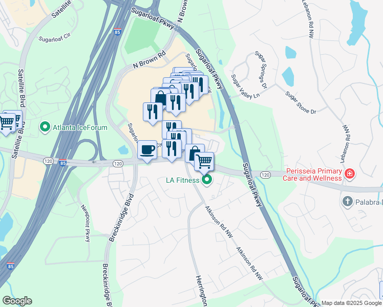 map of restaurants, bars, coffee shops, grocery stores, and more near 1887 Duluth Highway in Lawrenceville
